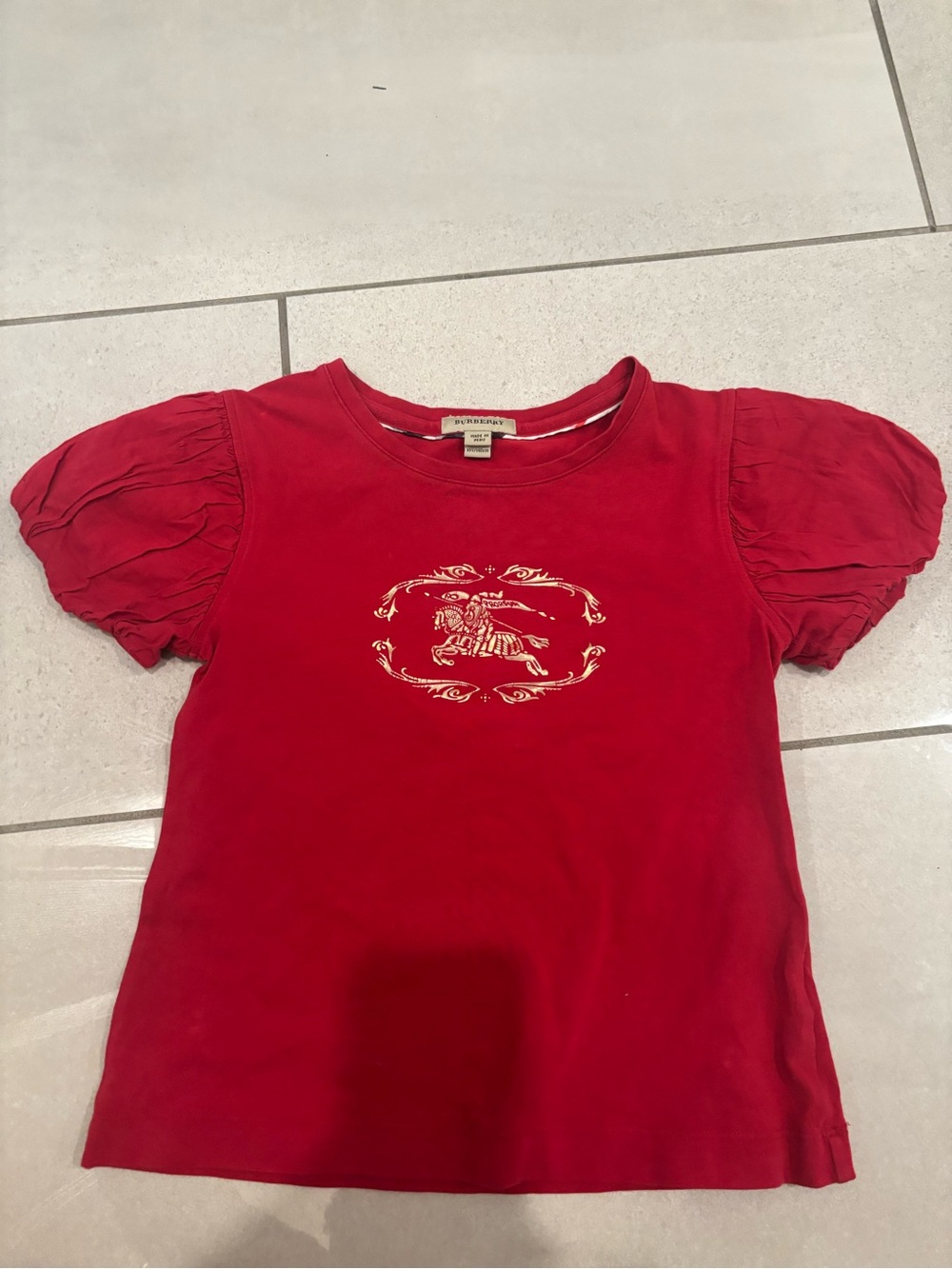 Burberry Red Puff Sleeve Logo Tee with Gold Crest sz10